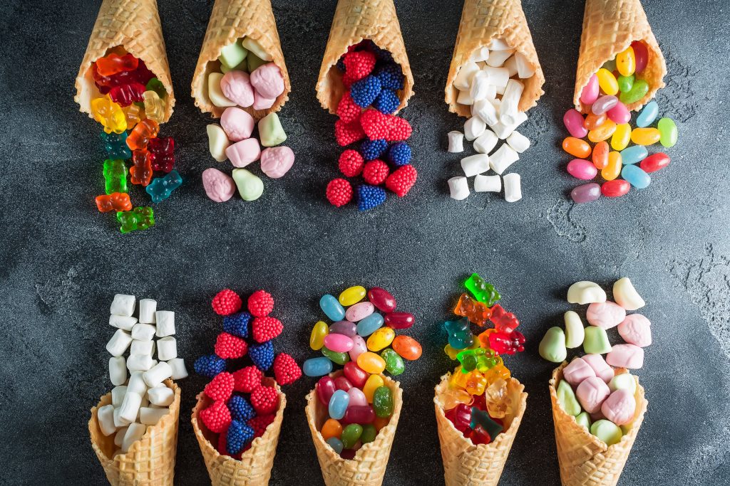 Candies in waffle cones.