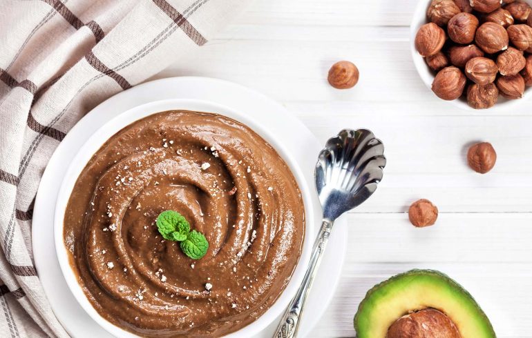 Vegan chocolate pudding, avocado and nuts.