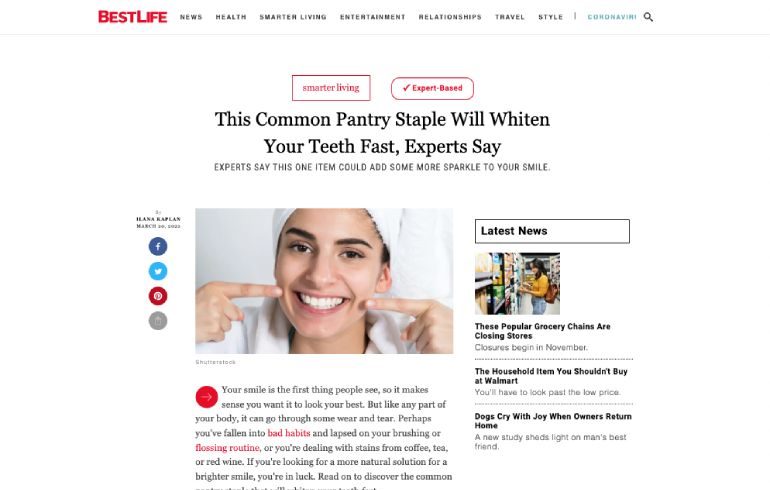 Screenshot of an article titled: This Common Pantry Staple Will Whiten Your Teeth Fast, Experts Say