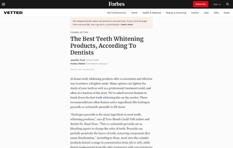 Screenshot of an article titled: The Best Teeth Whitening Products, According To Dentists