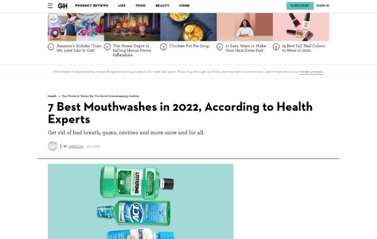 Screenshot of an article titled: 7 Best Mouthwashes in 2022, According to Health Experts