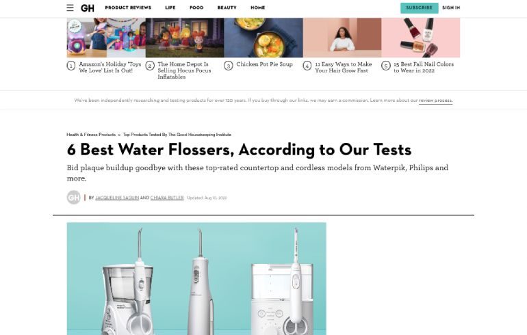 Screenshot of an article titled: 6 Best Water Flossers, According to Our Tests