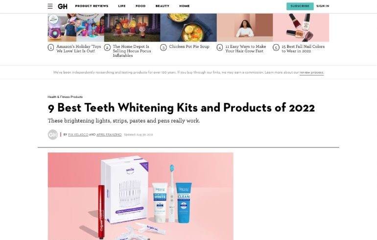 Screenshot of an article titled: 9 Best Teeth Whitening Kits and Products of 2022