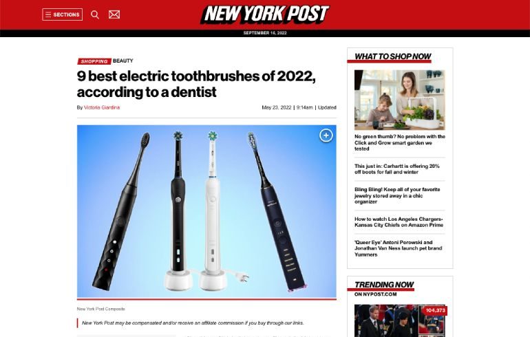 Screenshot of an article titled: 9 best electric toothbrushes of 2022, according to a dentist