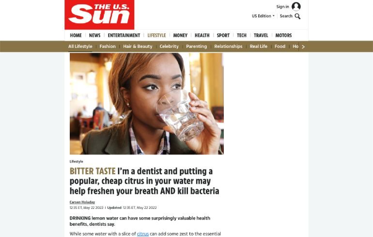 Screenshot of an article titled: BITTER TASTE I’m a dentist and putting a popular, cheap citrus in your water may help freshen your breath AND kill bacteria