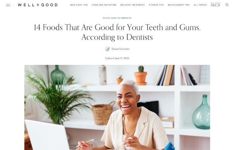 Screenshot of an article titled: 14 Foods That Are Good for Your Teeth and Gums, According to Dentists