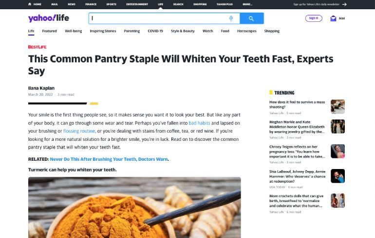 Screenshot of an article titled: This Common Pantry Staple Will Whiten Your Teeth Fast, Experts Say
