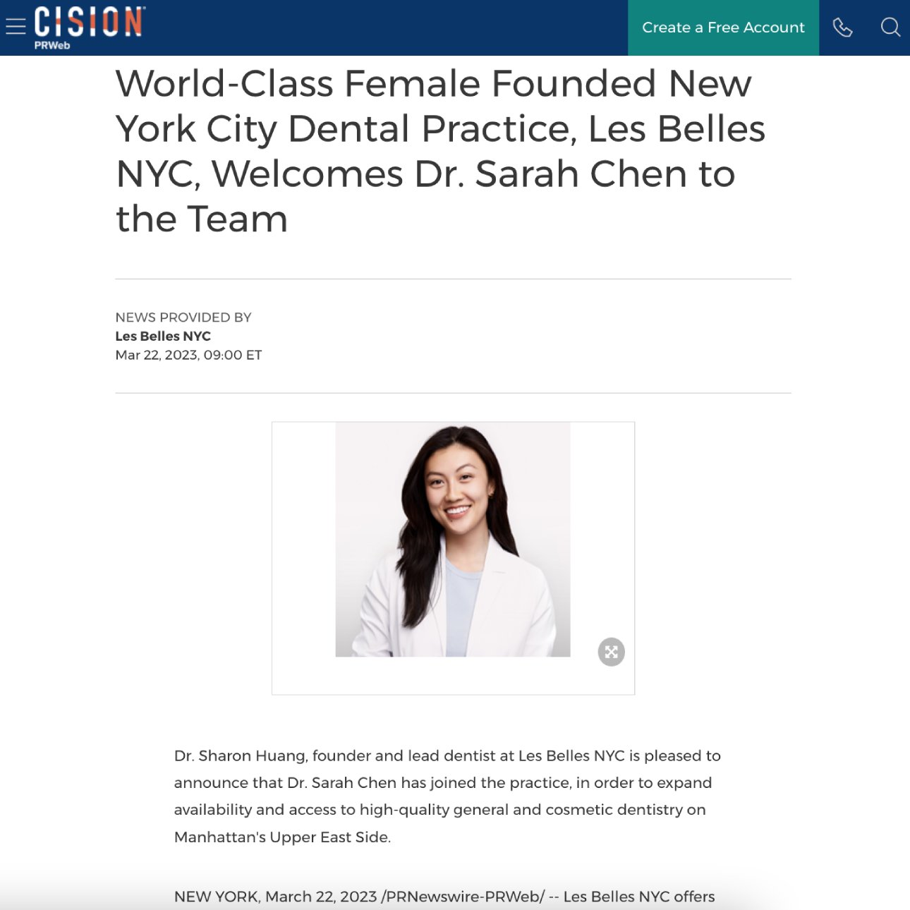 Screenshot of an article titled: World-Class Female Founded New York City Dental Practice, Les Belles NYC, Welcomes Dr. Sarah Chen to the Team