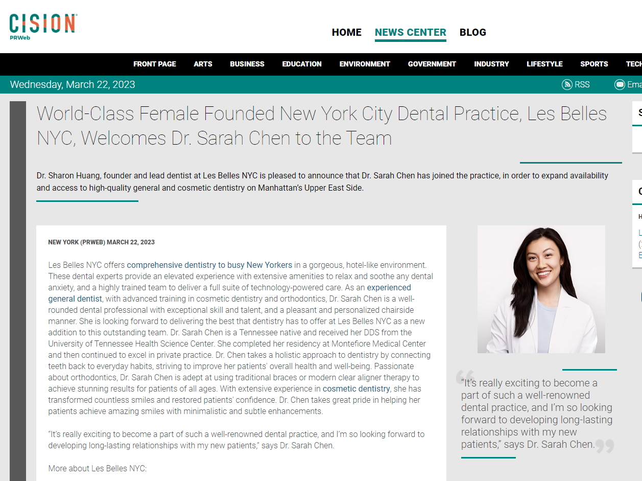 World-Class Female Founded New York City Dental Practice, Les Belles NYC, Welcomes Dr. Sarah Chen to the Team