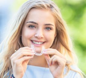 A smiling teenage girl with holding an Invisalign orthodontic tray.