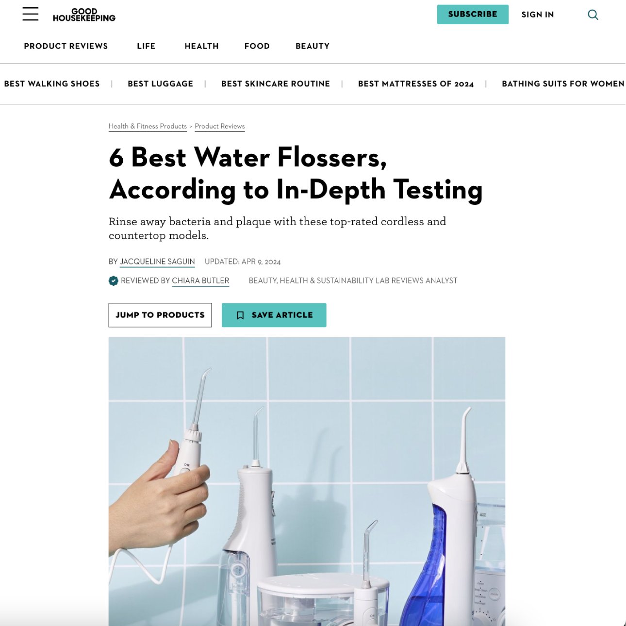 Screenshot of an article titled: 6 Best Water Flossers, According to In-Depth Testing