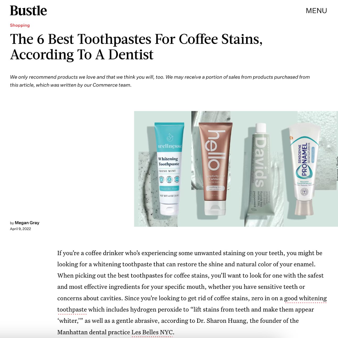 Screenshot of an article titled: The 6 Best Toothpastes For Coffee Stains, According To A Dentist