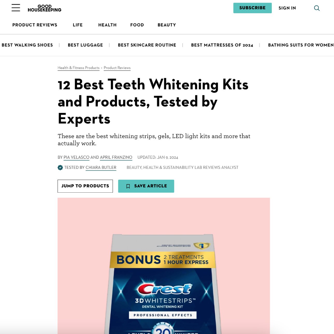 Screenshot of an article titled: 12 Best Teeth Whitening Kits and Products, Tested by Experts