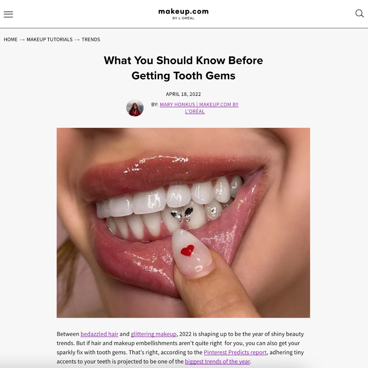 Screenshot of an article titled: What You Should Know Before Getting Tooth Gems