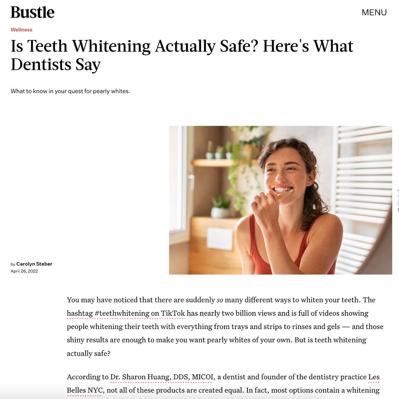 Screenshot of an article titled: Is Teeth Whitening Actually Safe? Here's What Dentists Say
