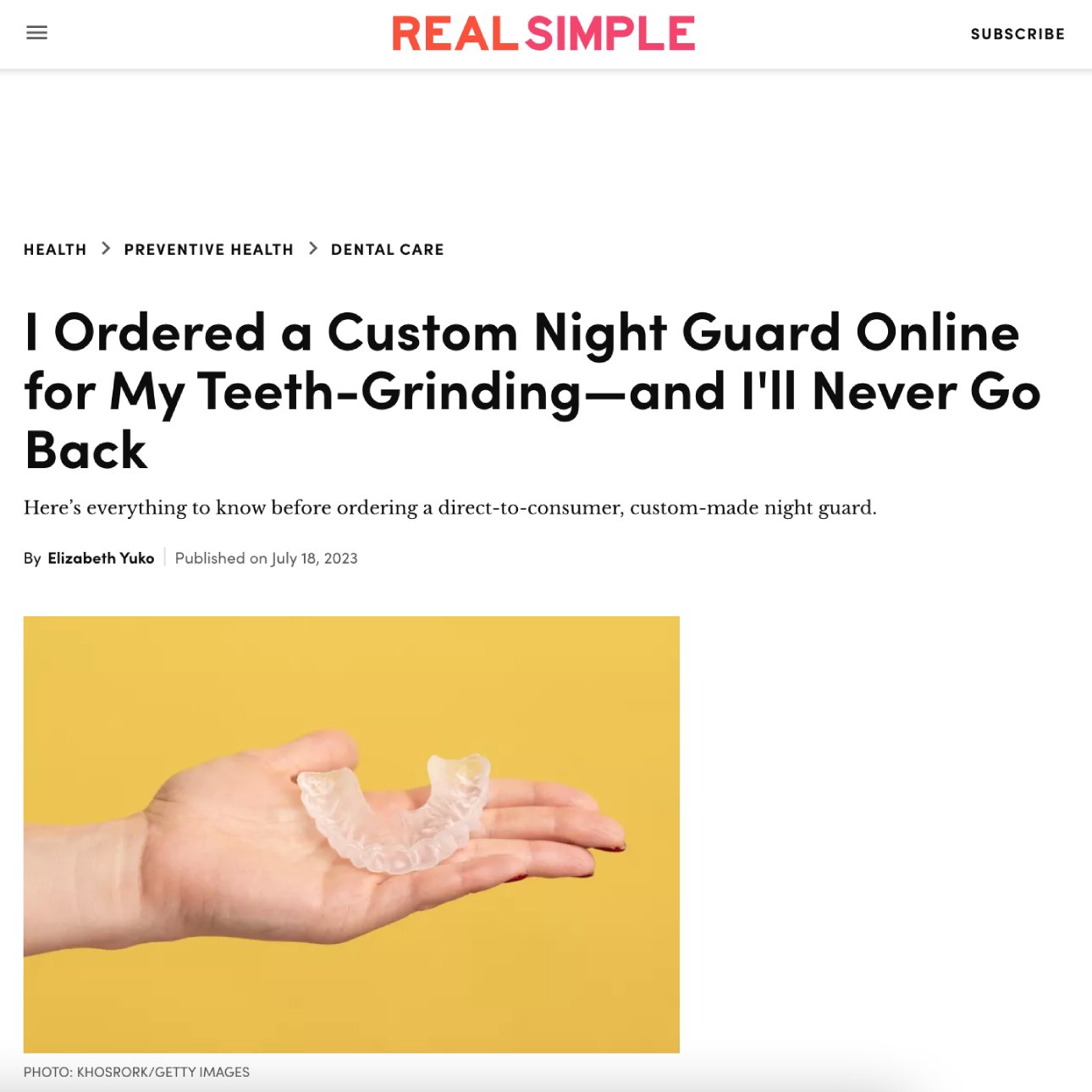Screenshot of an article titled: I Ordered a Custom Night Guard Online for My Teeth-Grinding—and I'll Never Go Back