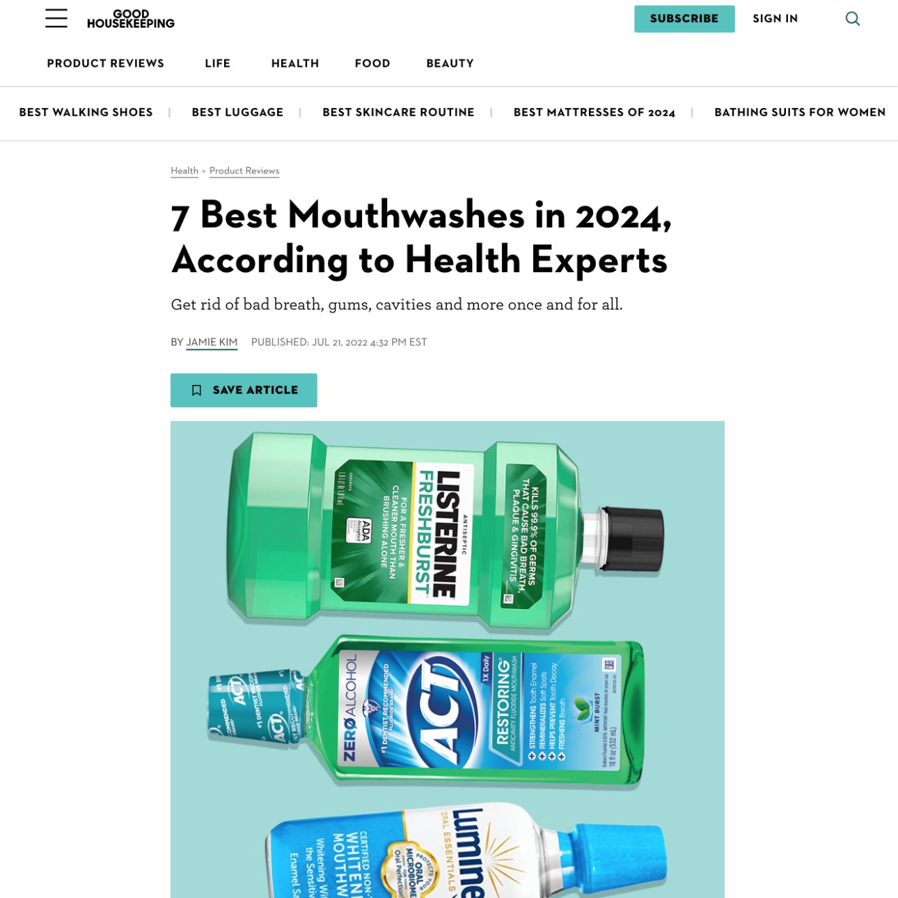 Screenshot of an article titled: 7 Best Mouthwashes in 2024, According to Health Experts