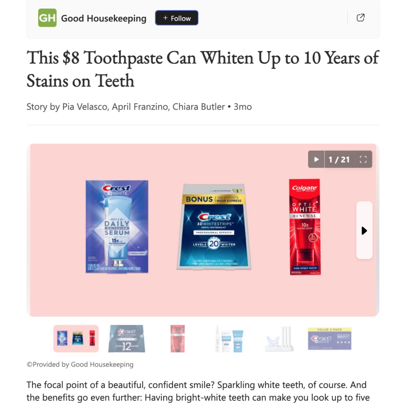 Screenshot of an article titled: This $8 Toothpaste Can Whiten Up to 10 Years of Stains on Teeth
