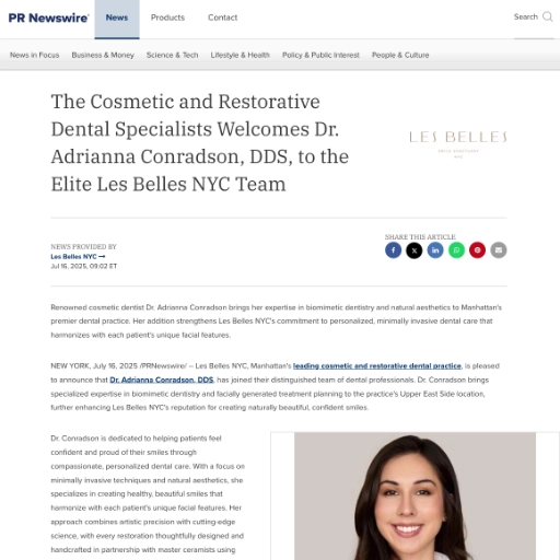 Screenshot of a press release announcing Dr. Adrianna Conradson, DDS, joining Les Belles NYC as a cosmetic and restorative dental specialist, with her portrait shown at the bottom right.